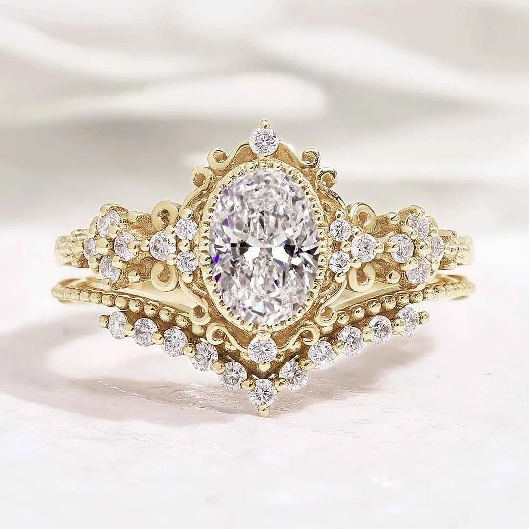Signature Vintage Oval Cut 1.0ct Lab Diamond Engagement Bridal Set Rings