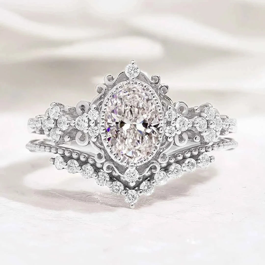 Signature Vintage Oval Cut 1.0ct Lab Diamond Engagement Bridal Set Rings