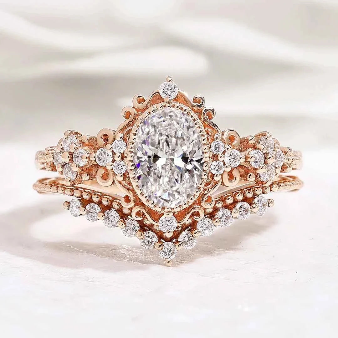Signature Vintage Oval Cut 1.0ct Lab Diamond Engagement Bridal Set Rings