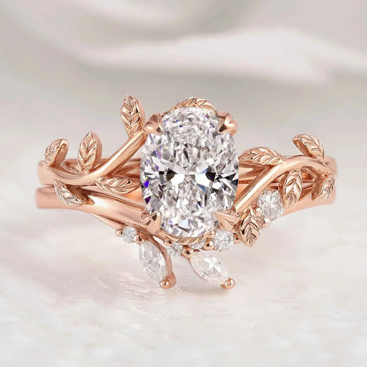 Nature Inspired Leafy Vine Lab Diamond Engagement Ring Set 2pcs