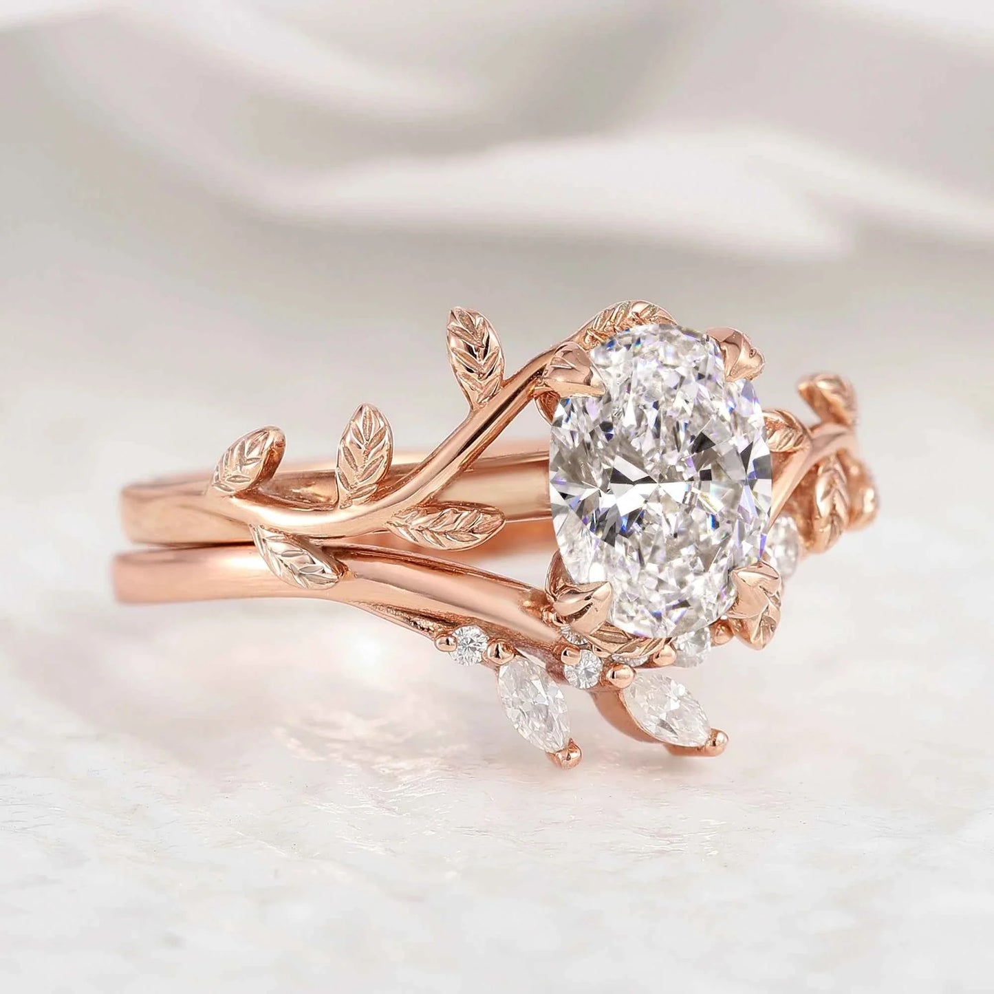 Nature Inspired Leafy Vine Lab Diamond Engagement Ring Set 2pcs