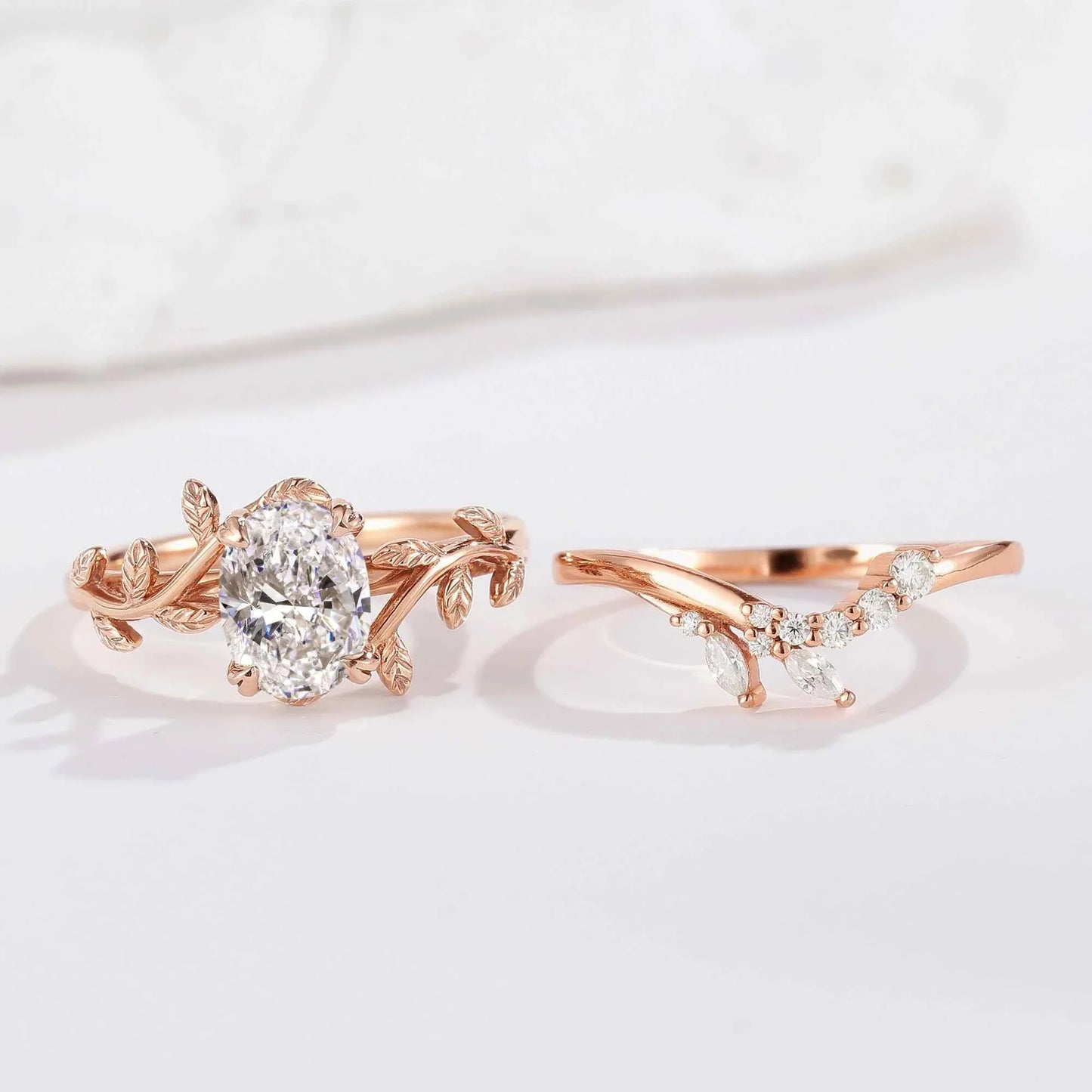 Nature Inspired Leafy Vine Lab Diamond Engagement Ring Set 2pcs