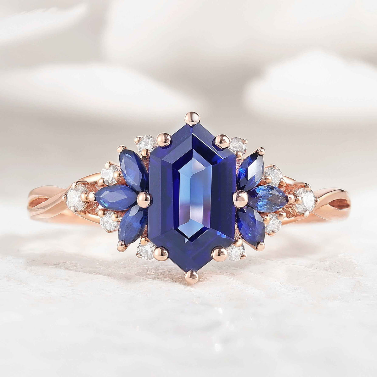 Vintage Hexagon Cut Lab Emerald Engagement Ring With Marquise Emerald Accent Stone For Dylan