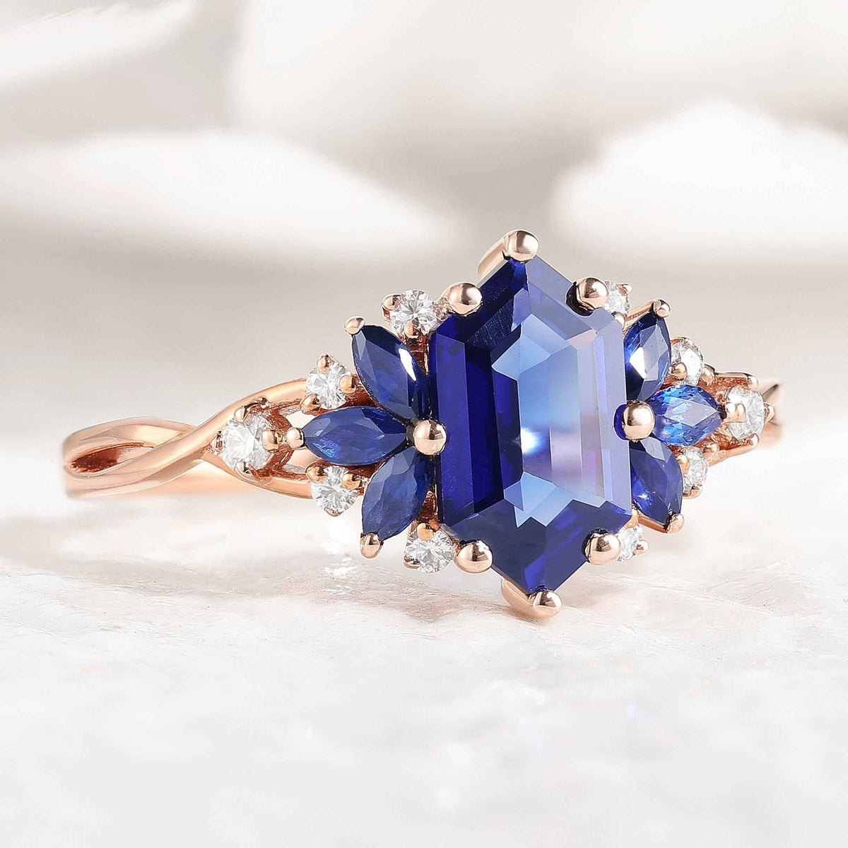 Vintage Hexagon Cut Lab Emerald Engagement Ring With Marquise Emerald Accent Stone For Dylan