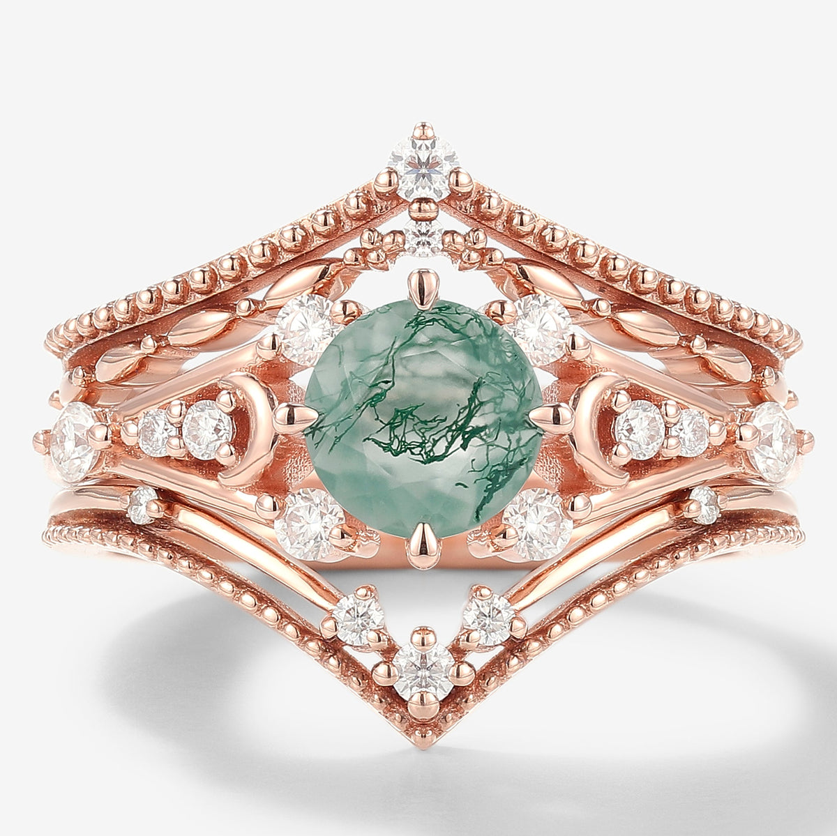 Moss Agate Engagement Ring With 2 Wedding Bands 3pcs Ring Set