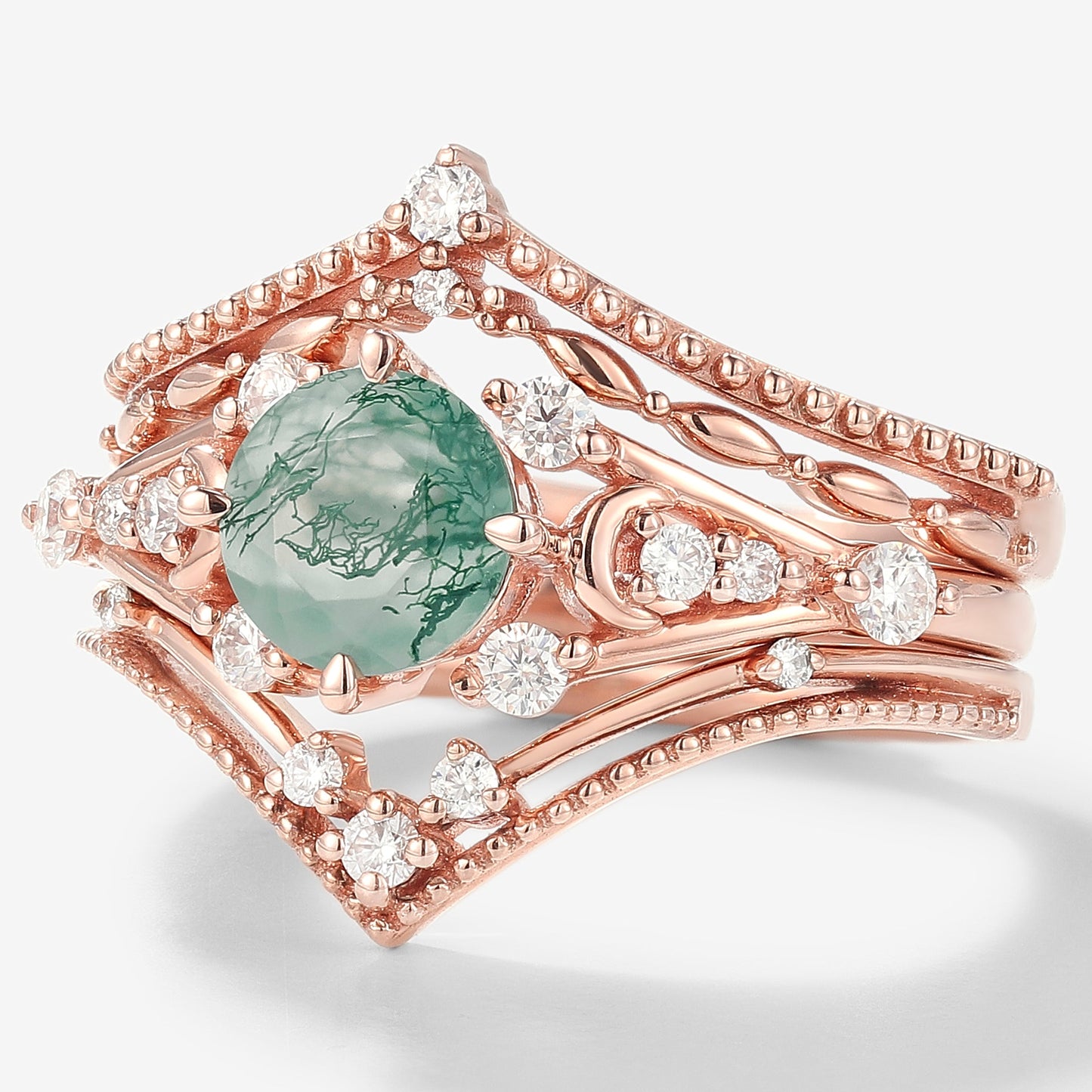 Moss Agate Engagement Ring With 2 Wedding Bands 3pcs Ring Set