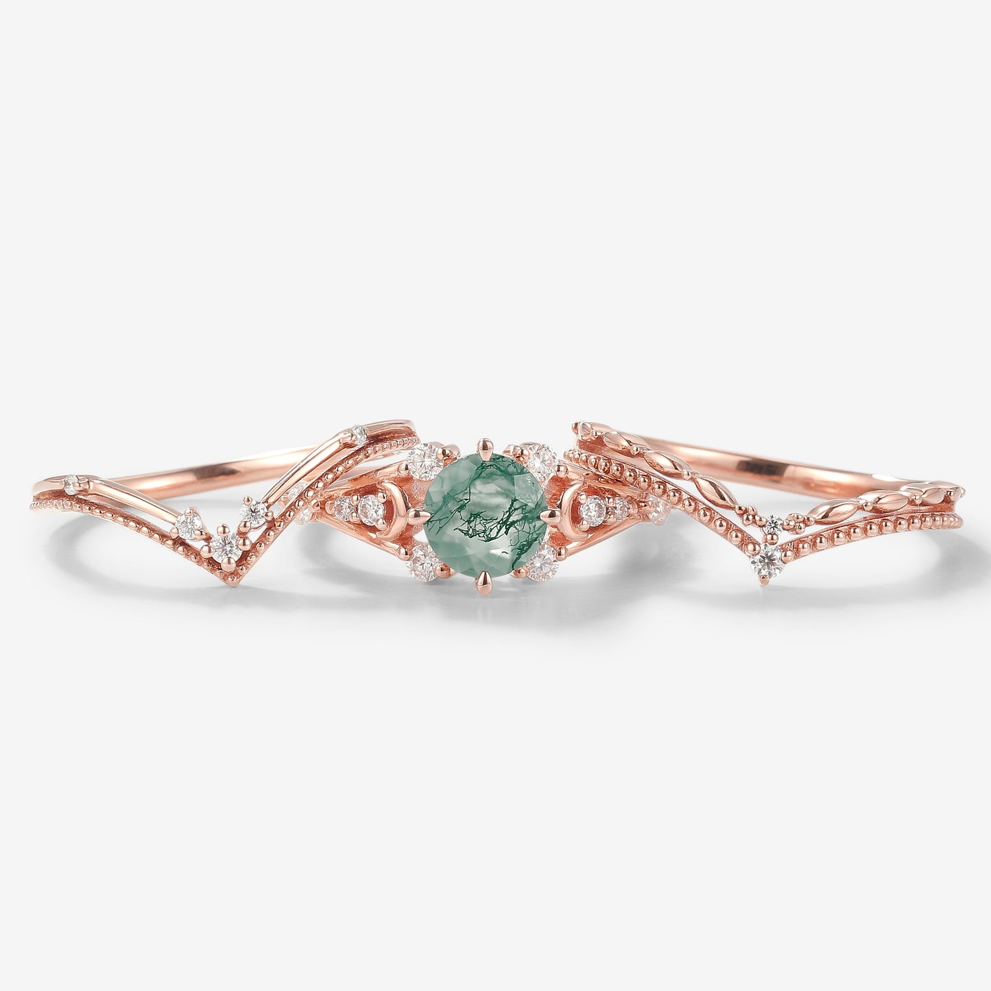 Moss Agate Engagement Ring With 2 Wedding Bands 3pcs Ring Set