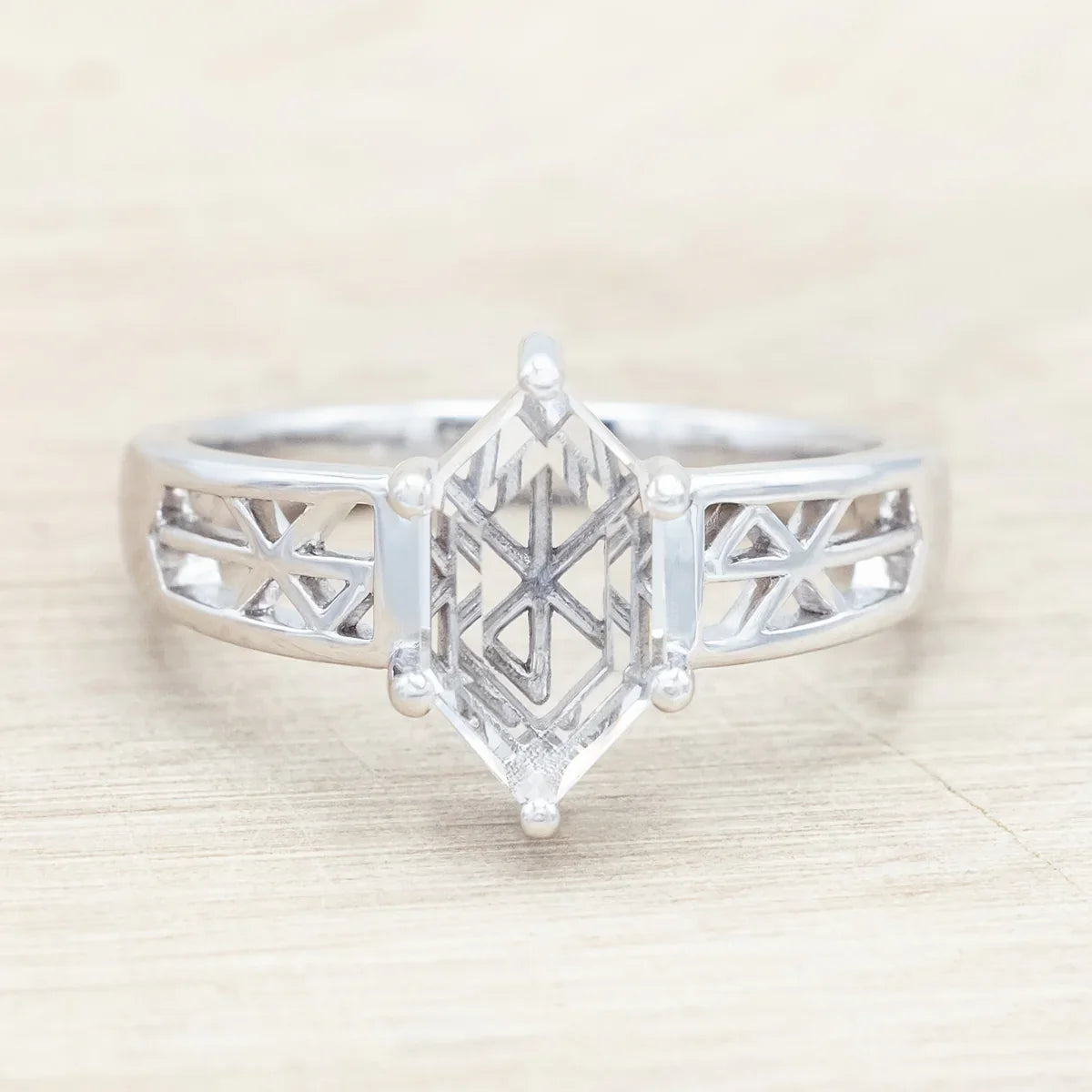 "Freya" - Love Bind Rune Engagement Ring With Elongated Hexagon Portrait Cut White Quartz - 14K White Gold - Size 7