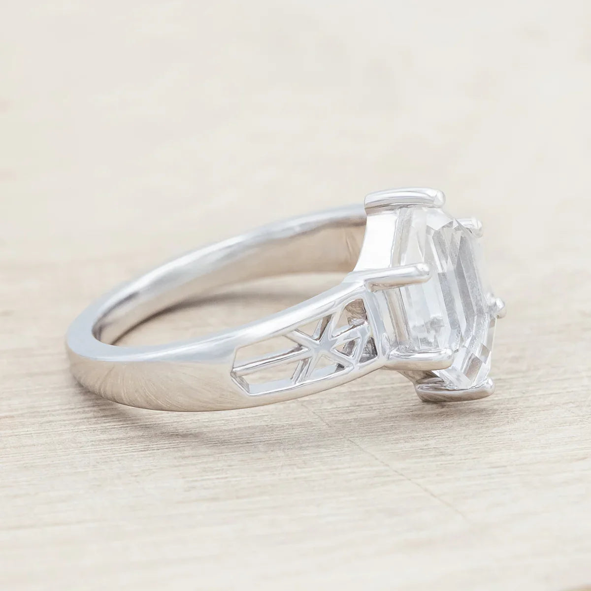 "Freya" - Love Bind Rune Engagement Ring With Elongated Hexagon Portrait Cut White Quartz - 14K White Gold - Size 7