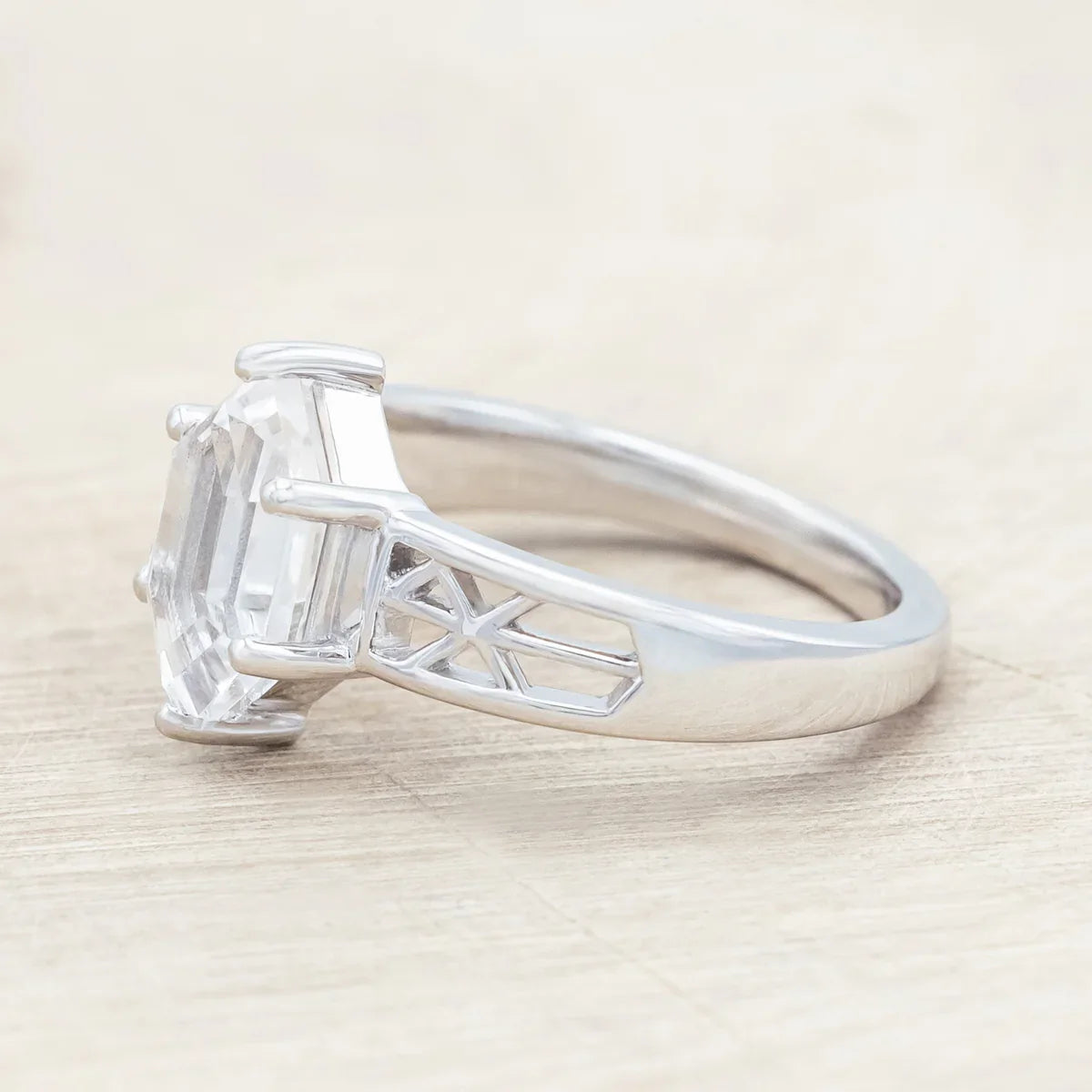 "Freya" - Love Bind Rune Engagement Ring With Elongated Hexagon Portrait Cut White Quartz - 14K White Gold - Size 7