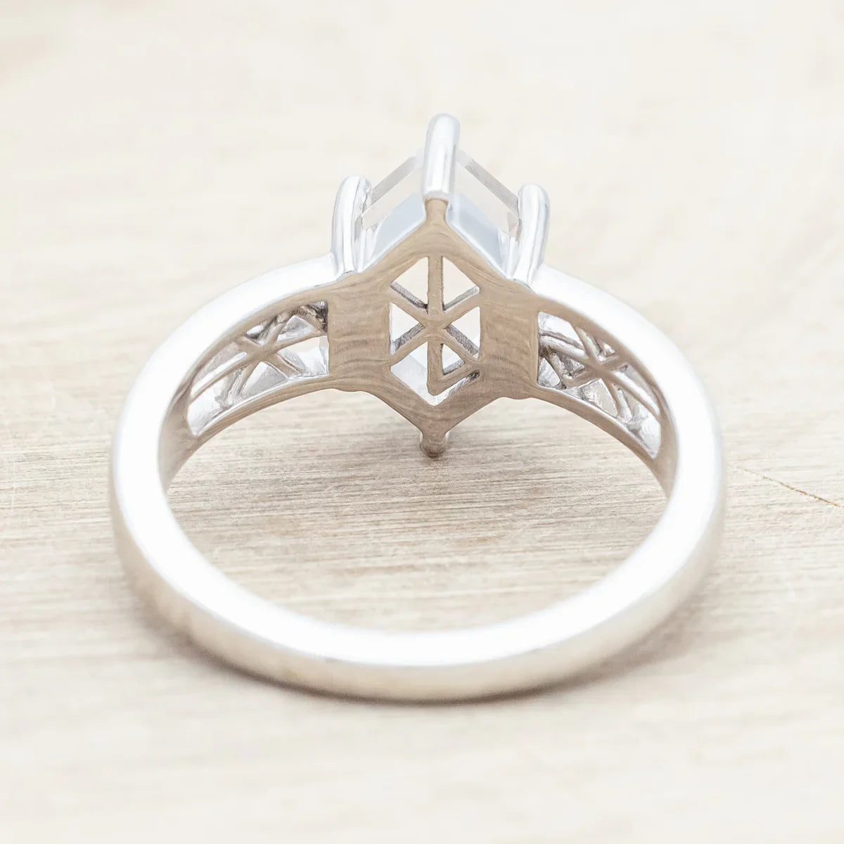 "Freya" - Love Bind Rune Engagement Ring With Elongated Hexagon Portrait Cut White Quartz - 14K White Gold - Size 7