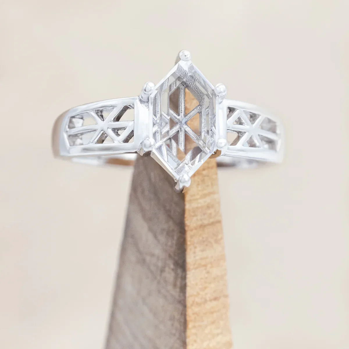 "Freya" - Love Bind Rune Engagement Ring With Elongated Hexagon Portrait Cut White Quartz - 14K White Gold - Size 7
