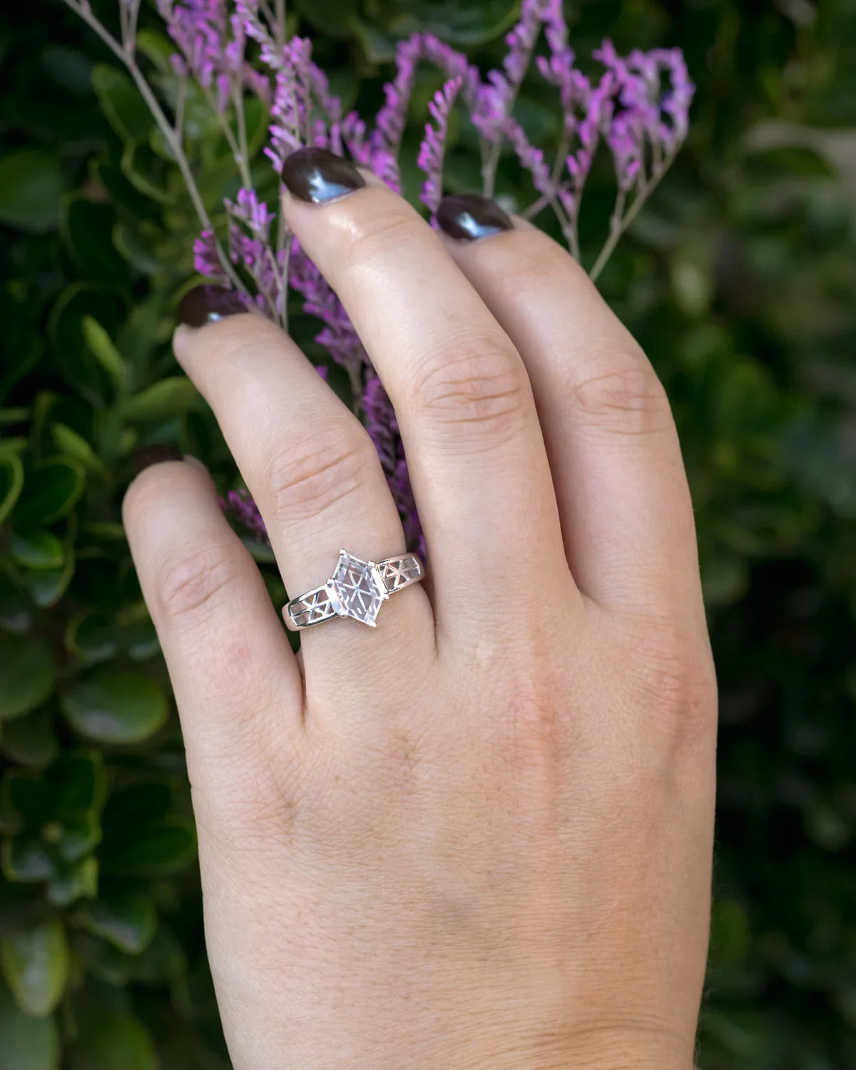 "Freya" - Love Bind Rune Engagement Ring With Elongated Hexagon Portrait Cut White Quartz - 14K White Gold - Size 7
