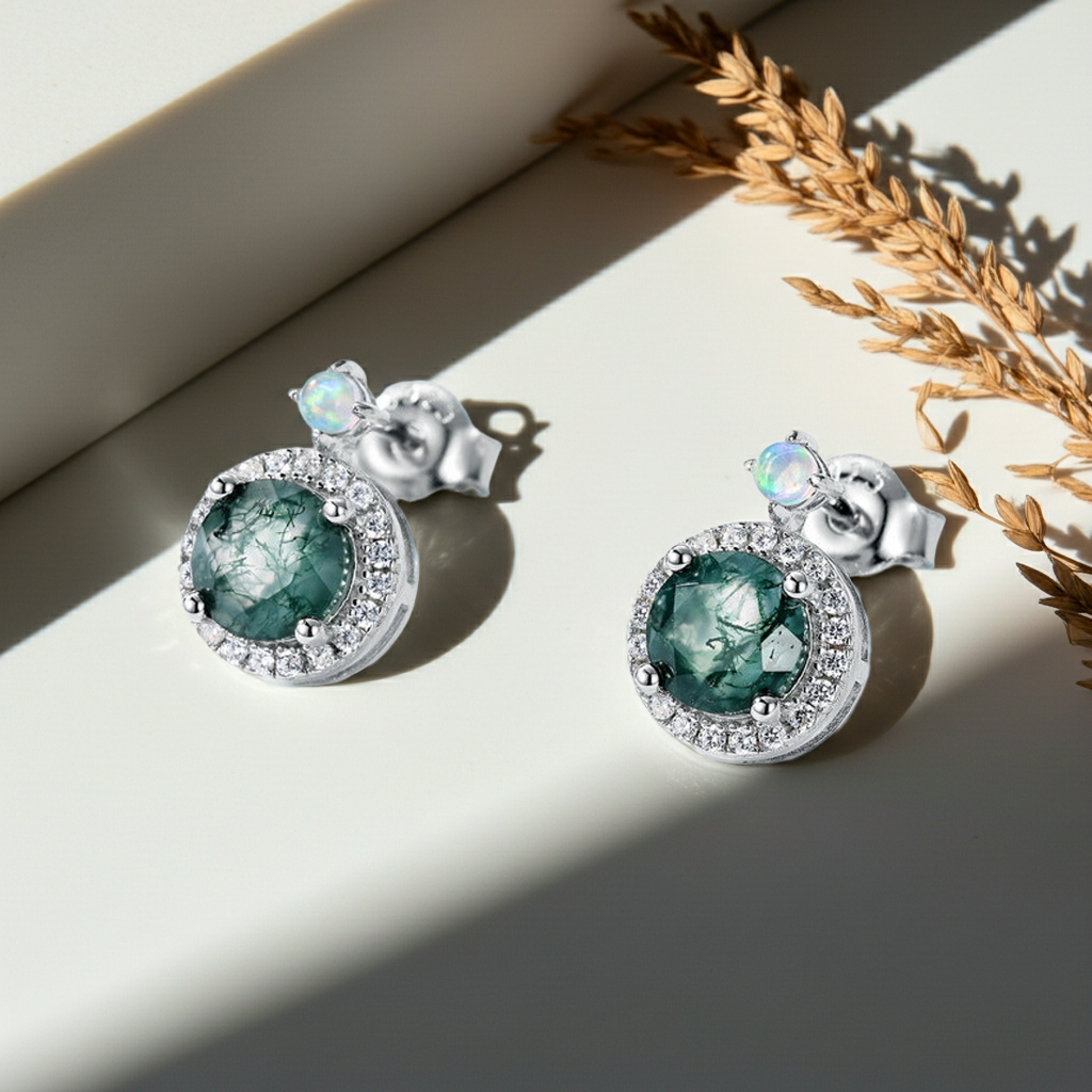 EmberMoss - Round Cut Moss Agate Halo Stud Earrings