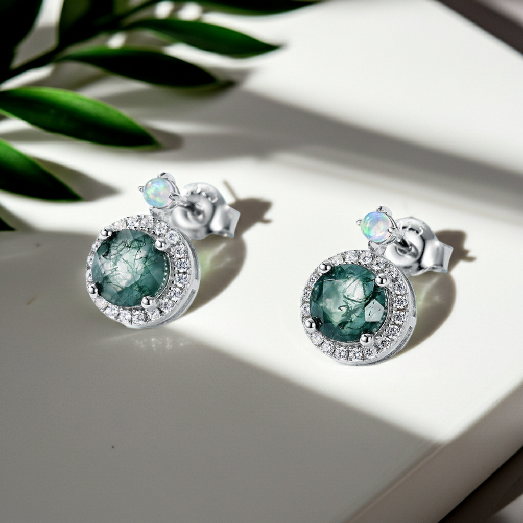 EmberMoss - Round Cut Moss Agate Halo Stud Earrings