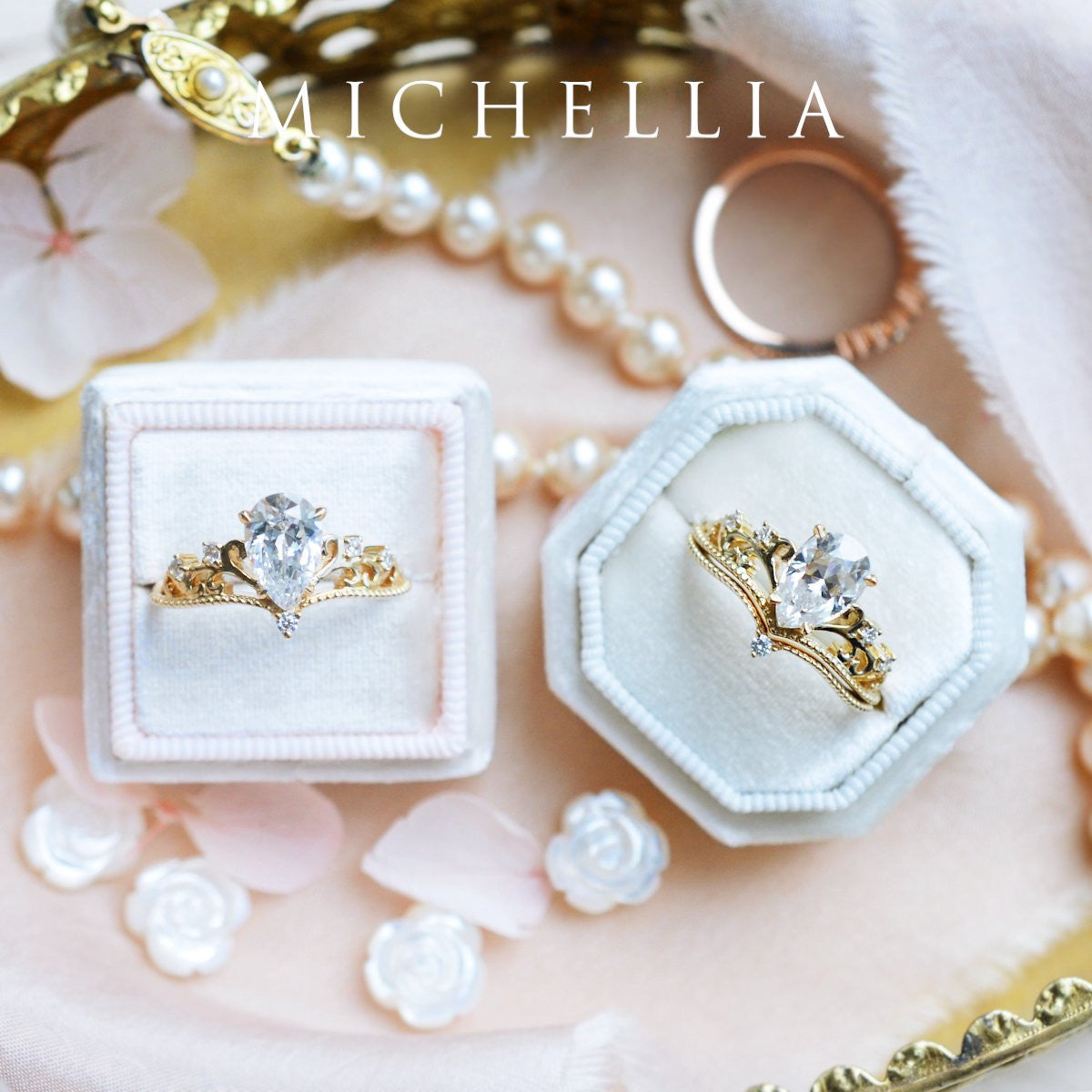 [Veronica] Vintage Crown Pear Engagement Ring in Diamond / Moissanite