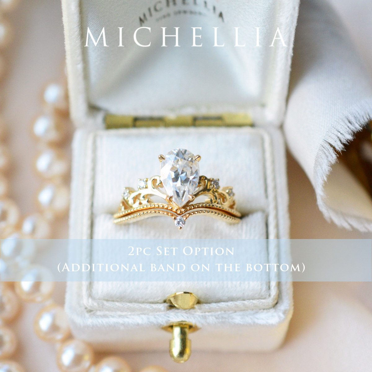 [Veronica] Vintage Crown Pear Engagement Ring in Diamond / Moissanite