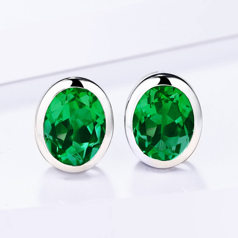 Oval Lab-Created Emerald Bezel Sterling Silver Stud Earrings
