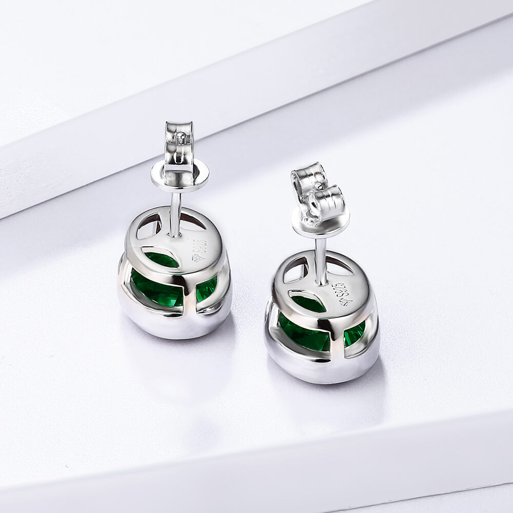 Oval Lab-Created Emerald Bezel Sterling Silver Stud Earrings