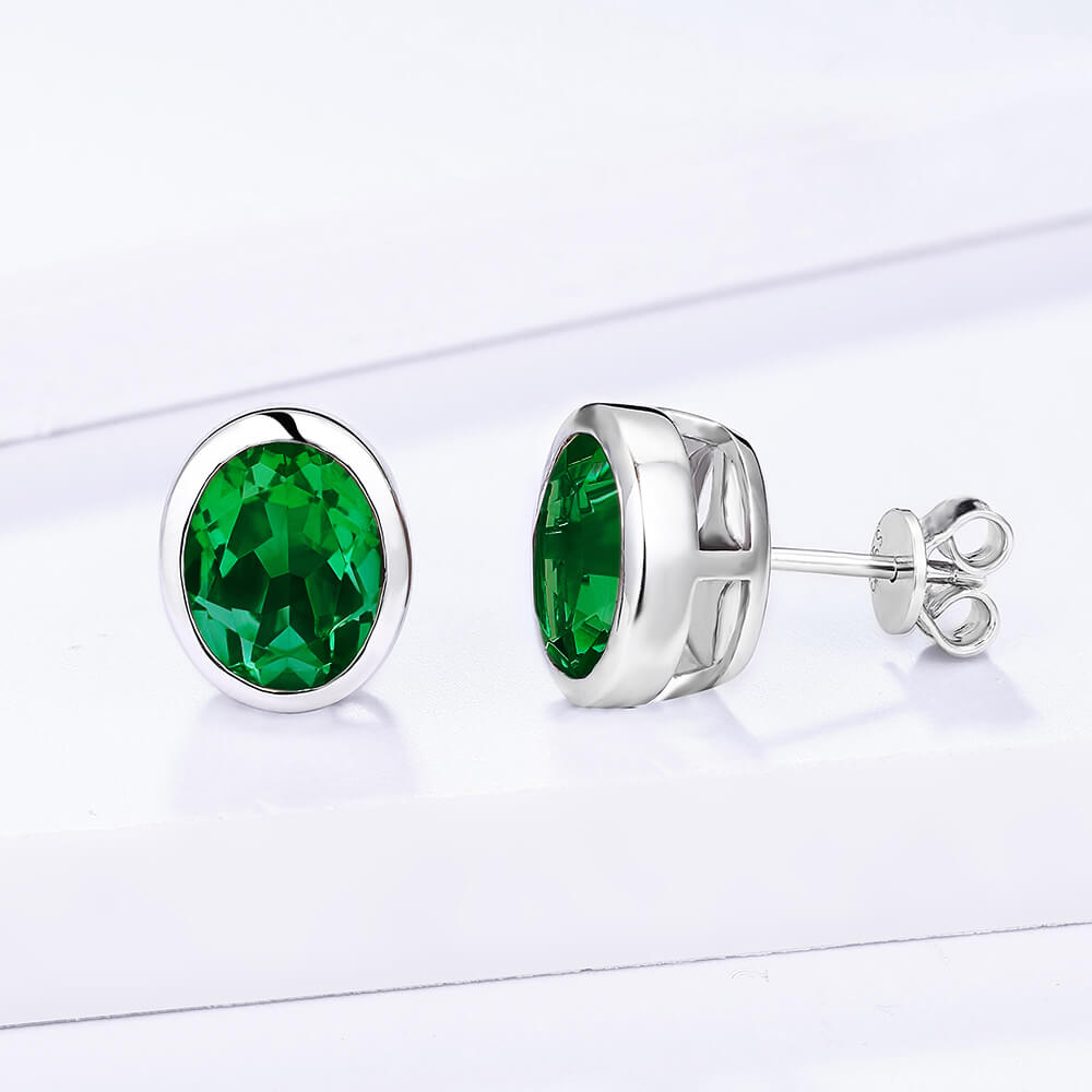 Oval Lab-Created Emerald Bezel Sterling Silver Stud Earrings