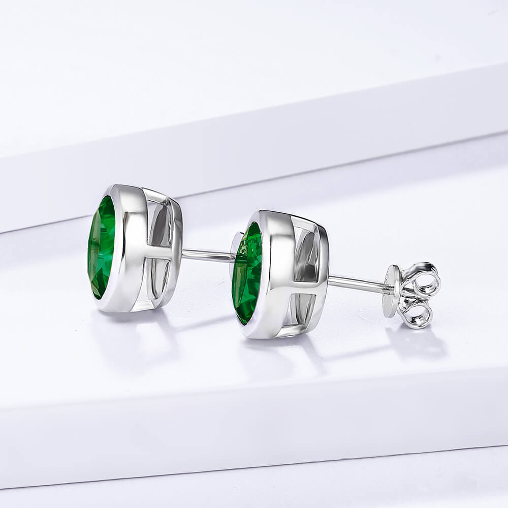 Oval Lab-Created Emerald Bezel Sterling Silver Stud Earrings