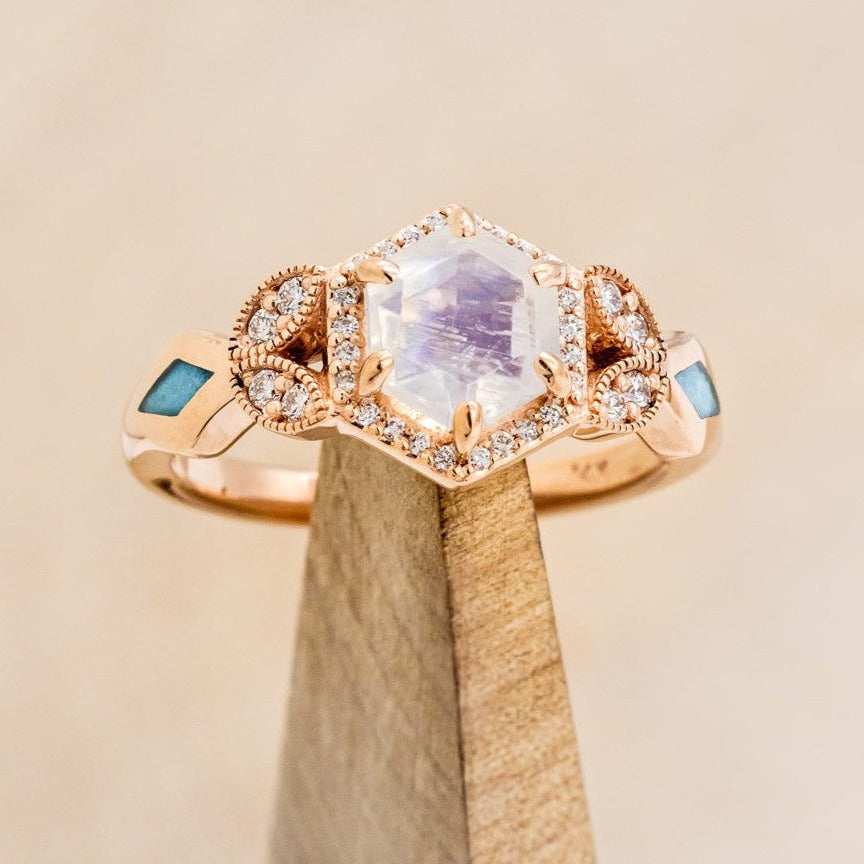 "Lucy In The Sky" Petite - Hexagon Cut Moonstone Engagement Ring With Diamond Accents & Turquoise Inlays