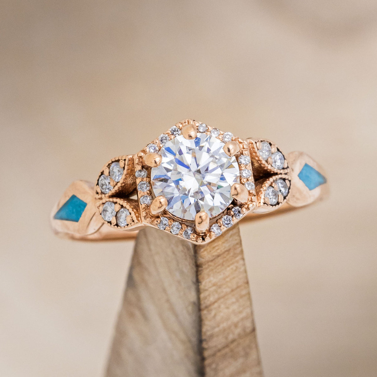 "Lucy In The Sky" Petite - Round Cut Moissanite Engagement Ring With Diamond Accents & Turquoise Inlays