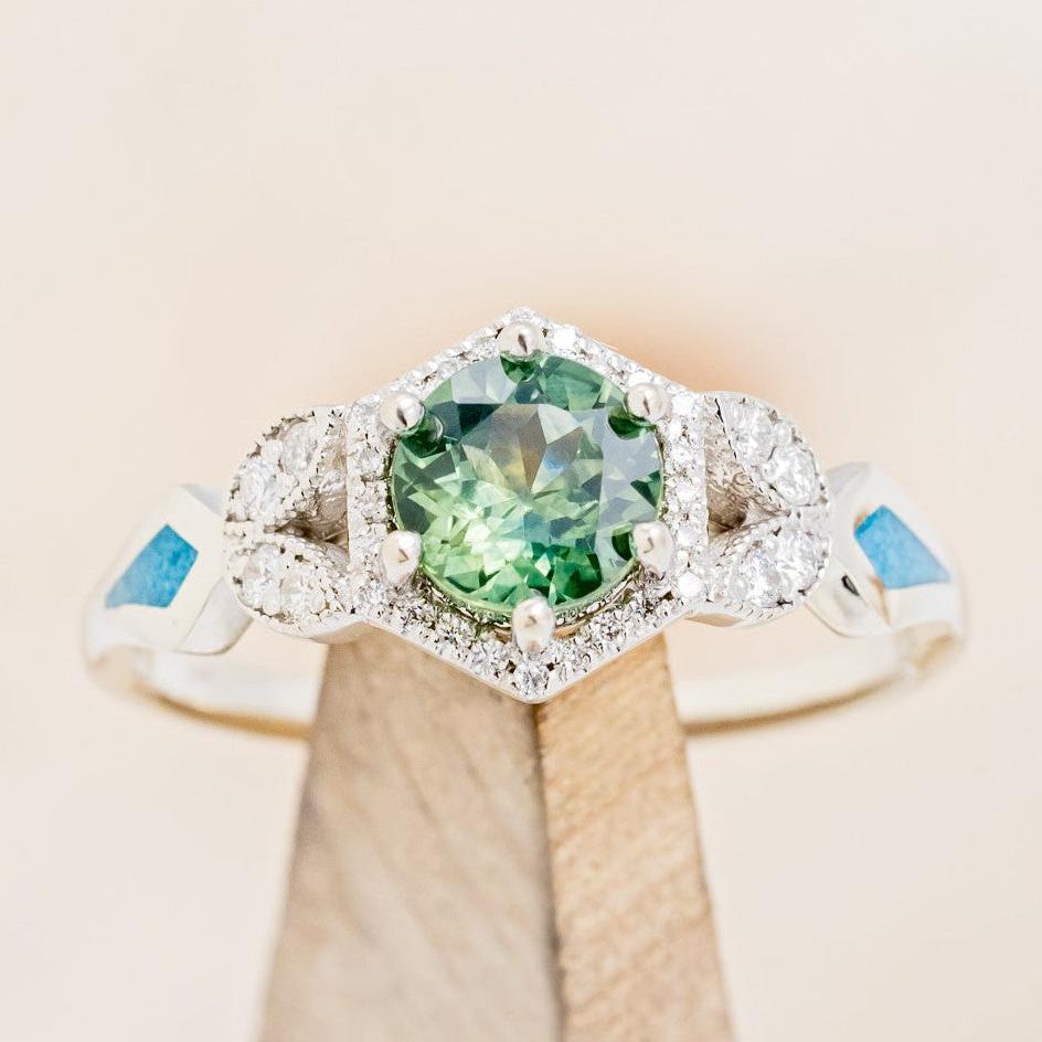 "Lucy In The Sky" Petite - Round Cut Montana Sapphire Engagement Ring With Diamond Accents & Turquoise Inlays