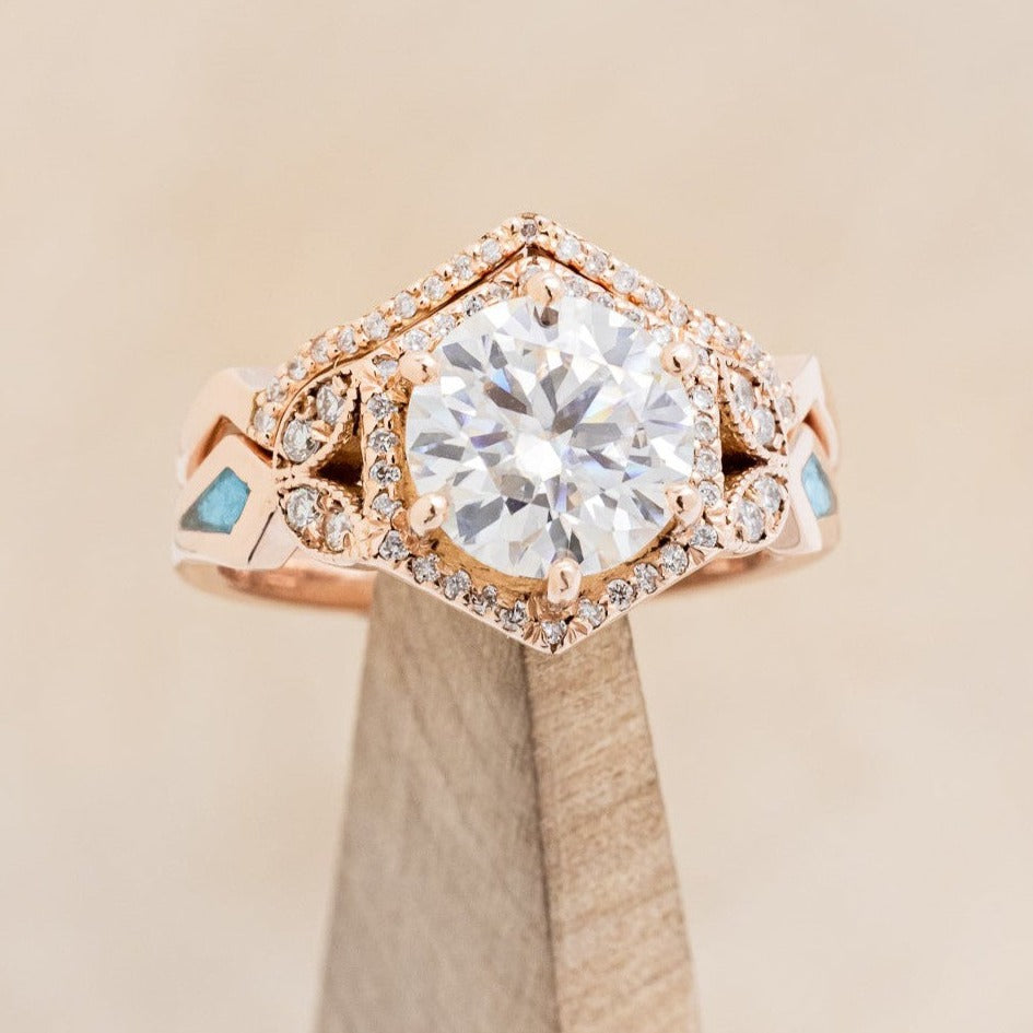 "Lucy In The Sky" - Round Cut Moissanite Engagement Ring With Diamonds, Turquoise Inlays & A Diamond Tracer