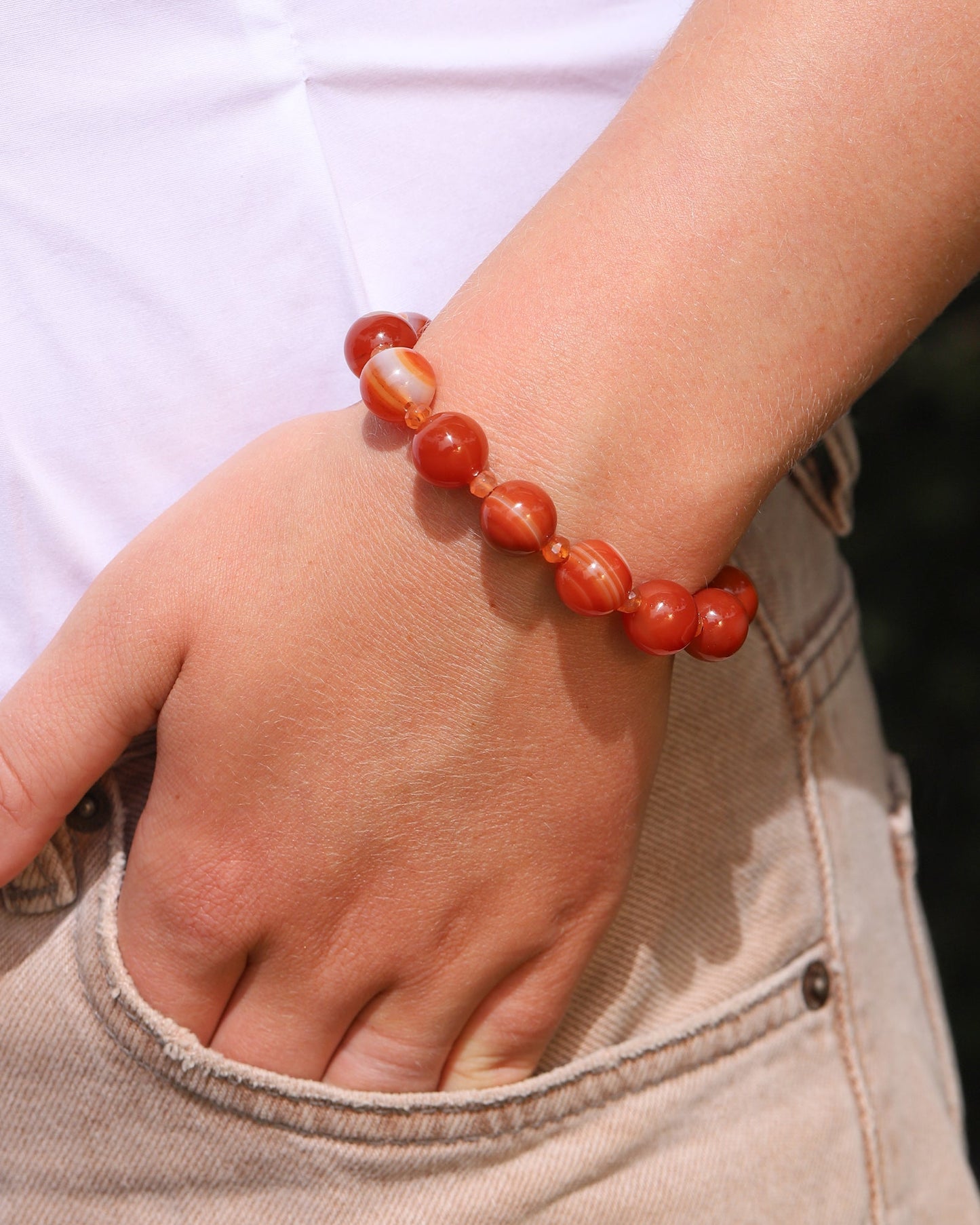 Red Agate Beaded Bracelet | 12mm