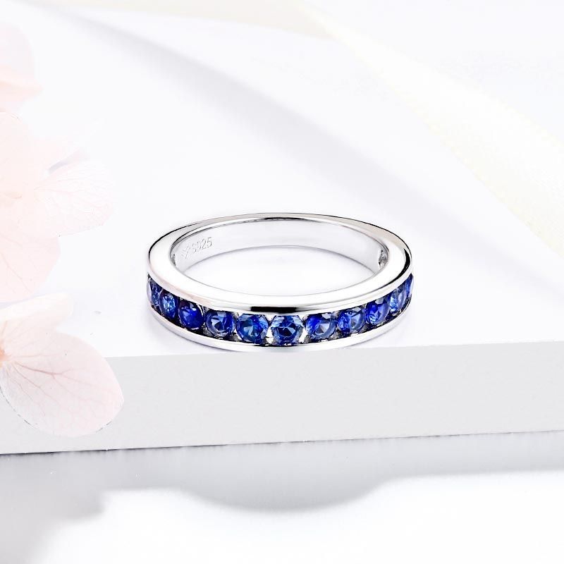Lab-Created Sapphire Half Eternity Sterling Silver Wedding Band