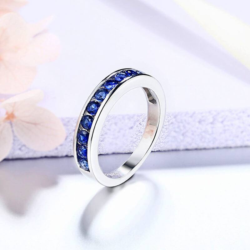 Lab-Created Sapphire Half Eternity Sterling Silver Wedding Band