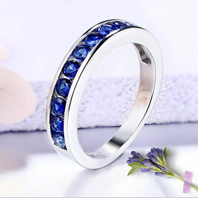 Lab-Created Sapphire Half Eternity Sterling Silver Wedding Band