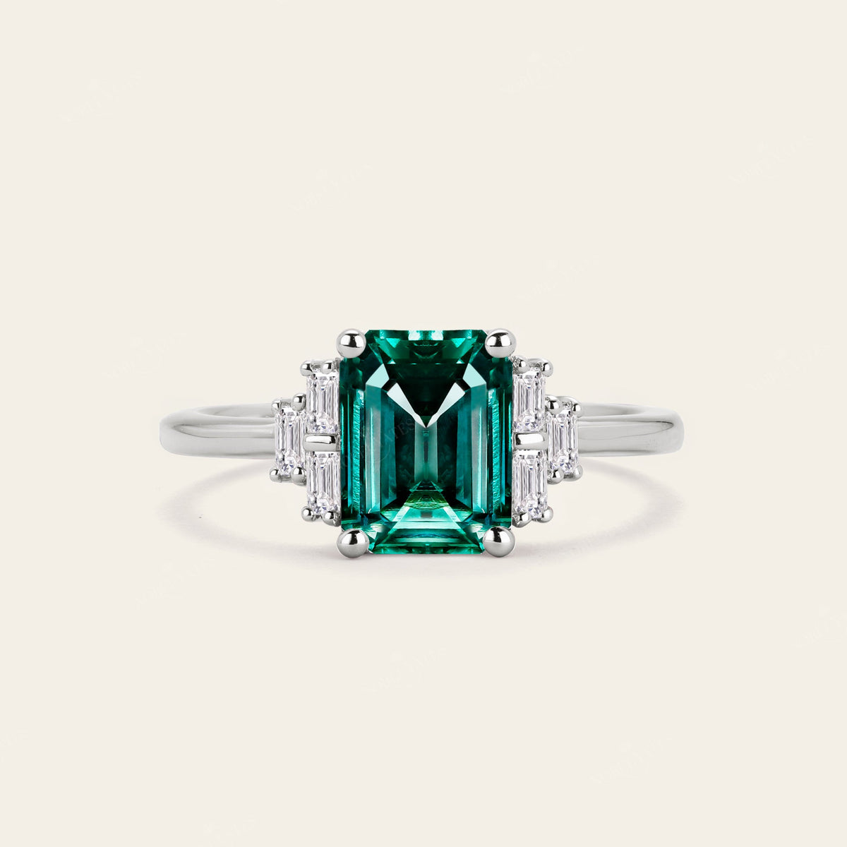 Lab Emerald Green & Lab Grown Diamond Art Deco Engagement Ring