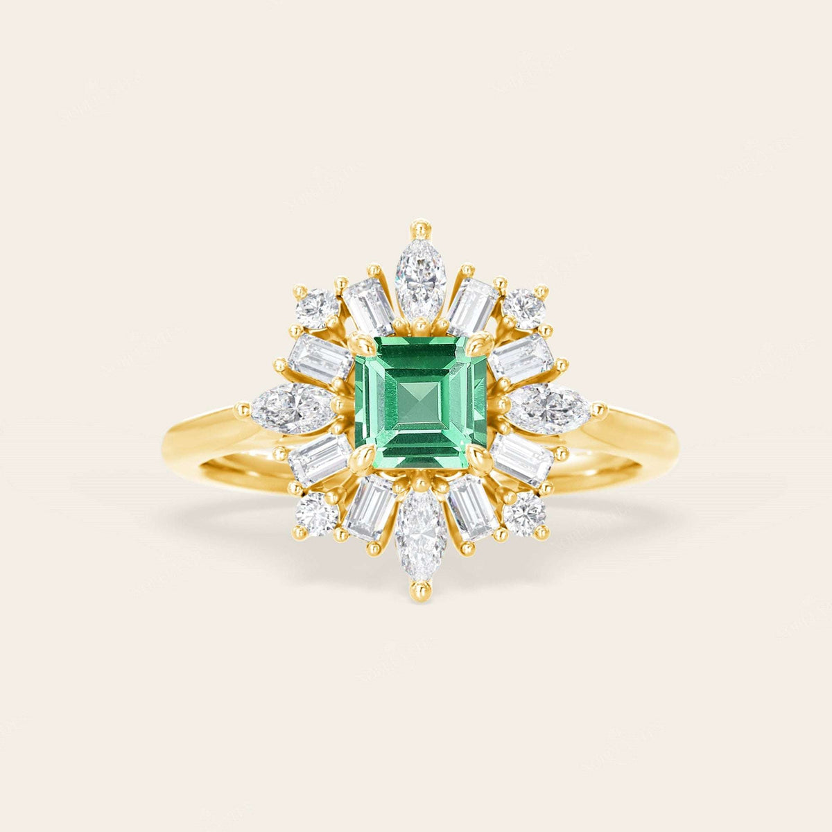Lab Green Sapphire Asscher Cut Ballerina Art Deco Engagement Ring