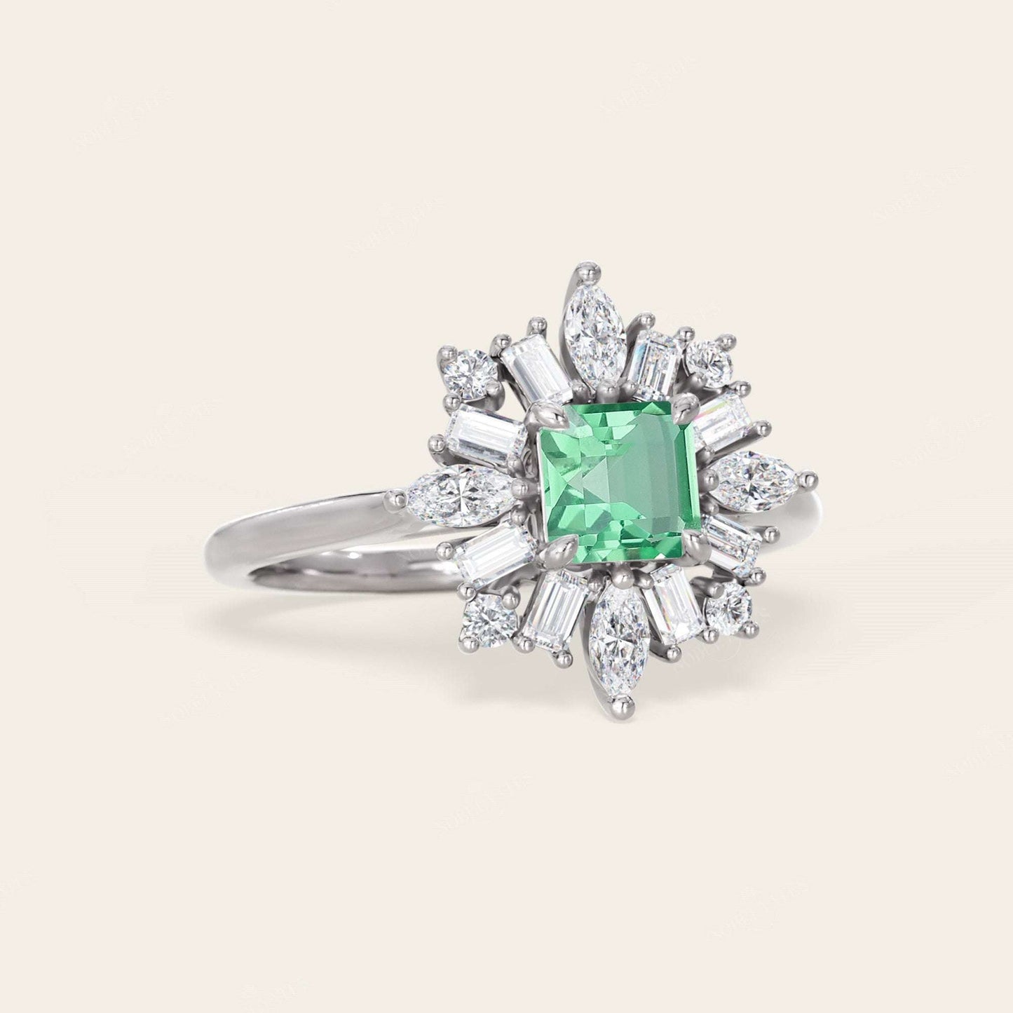 Lab Green Sapphire Asscher Cut Ballerina Art Deco Engagement Ring