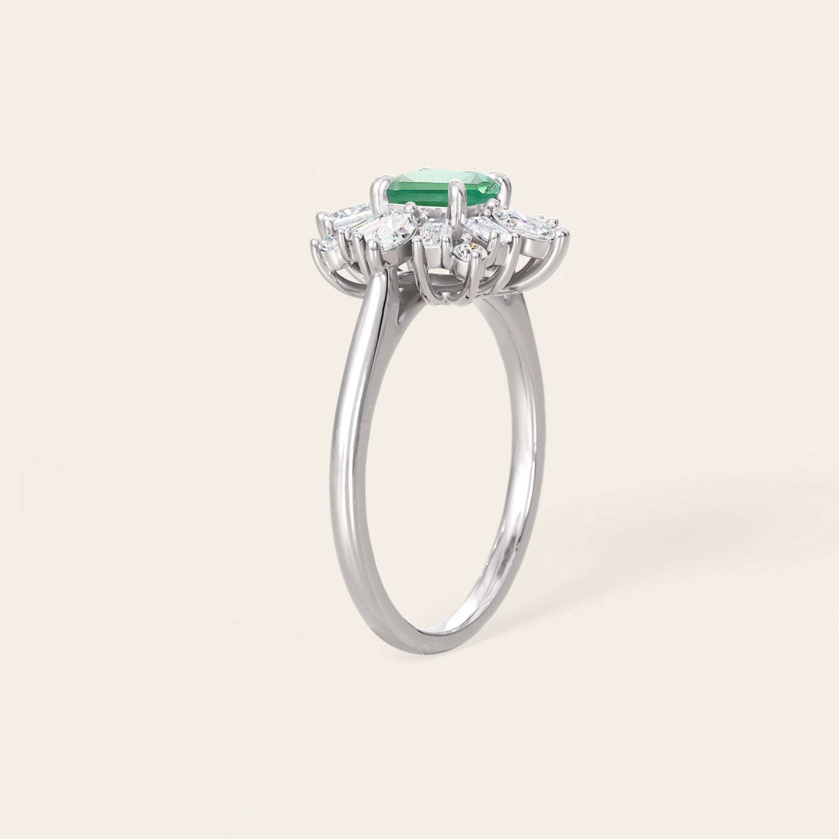 Lab Green Sapphire Asscher Cut Ballerina Art Deco Engagement Ring
