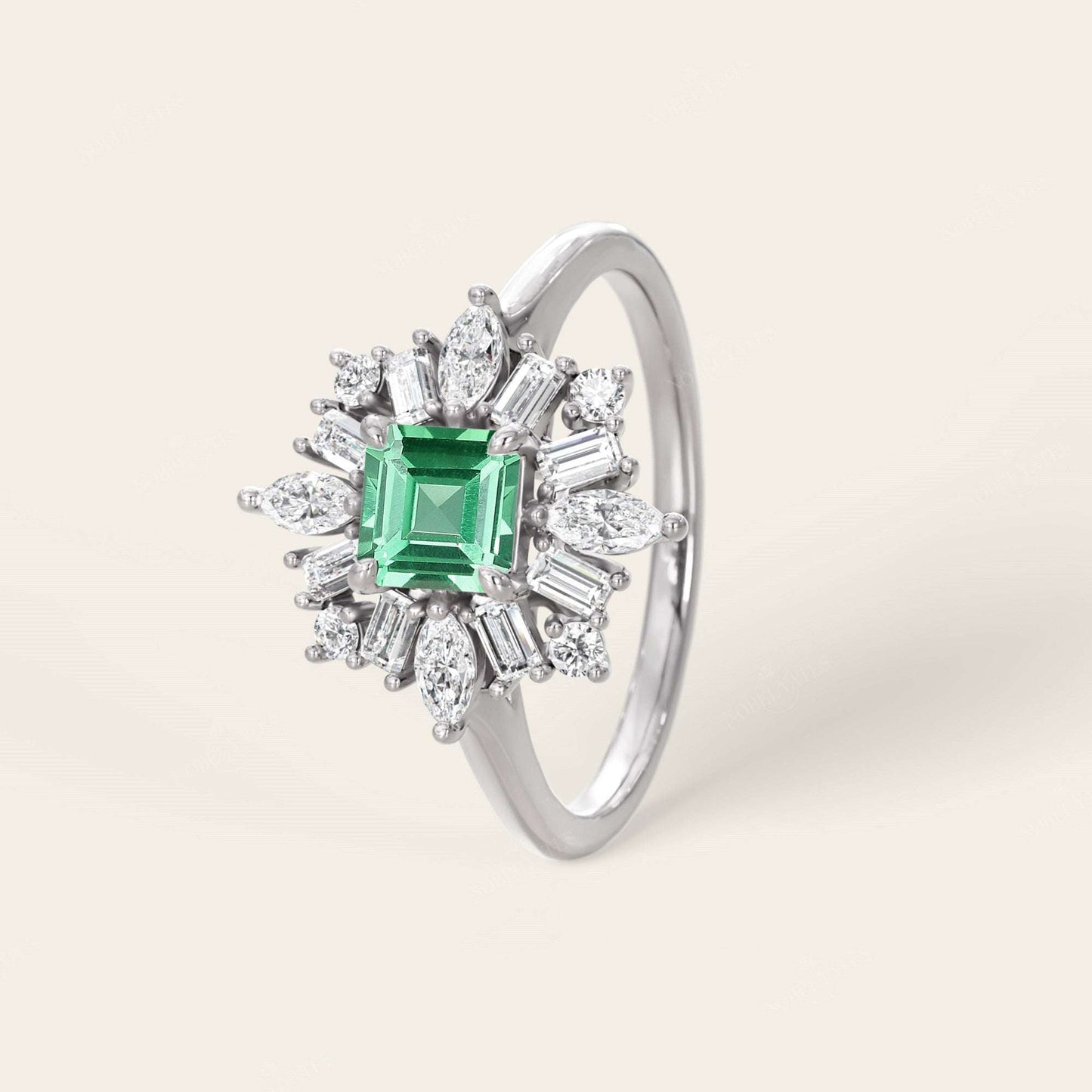 Lab Green Sapphire Asscher Cut Ballerina Art Deco Engagement Ring