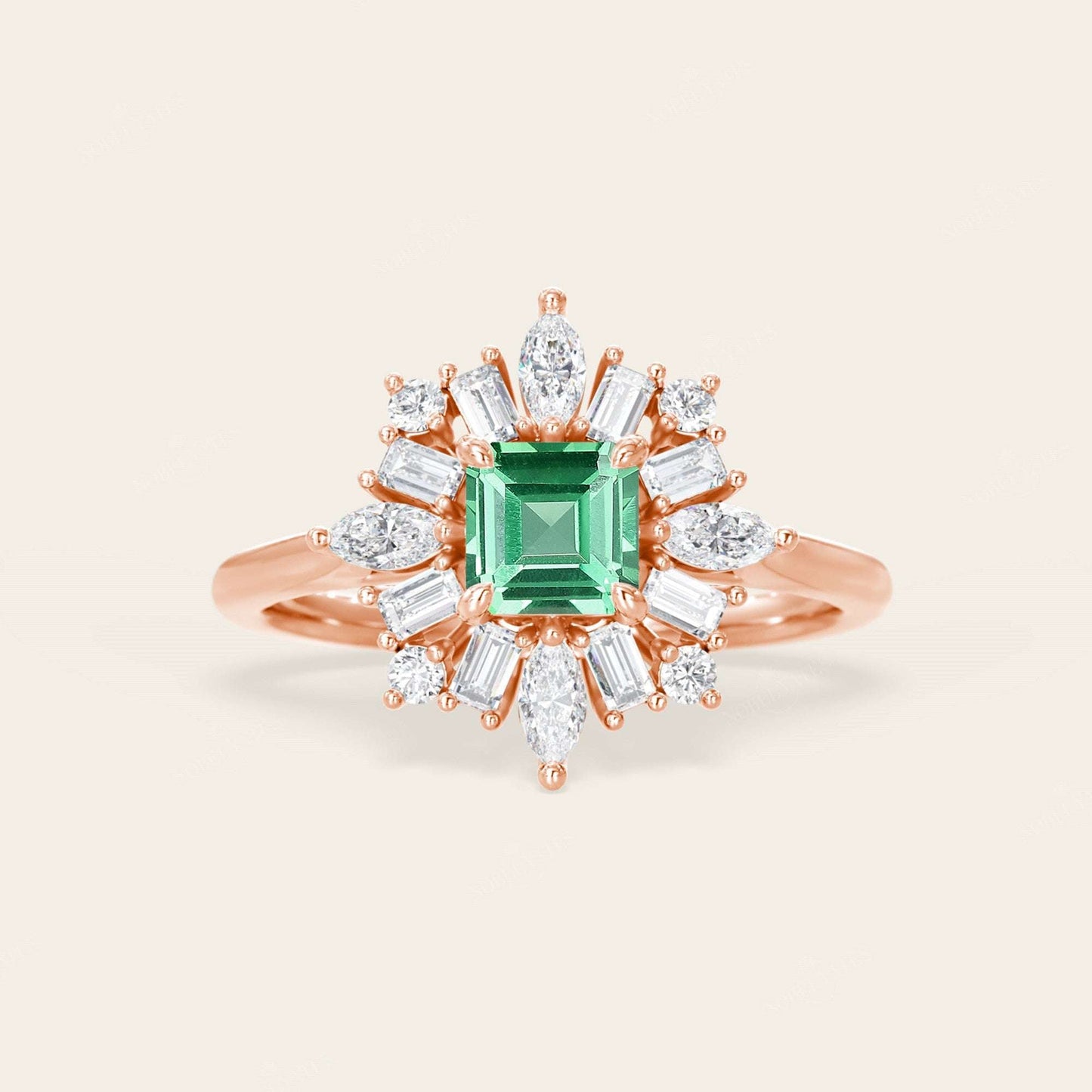 Lab Green Sapphire Asscher Cut Ballerina Art Deco Engagement Ring