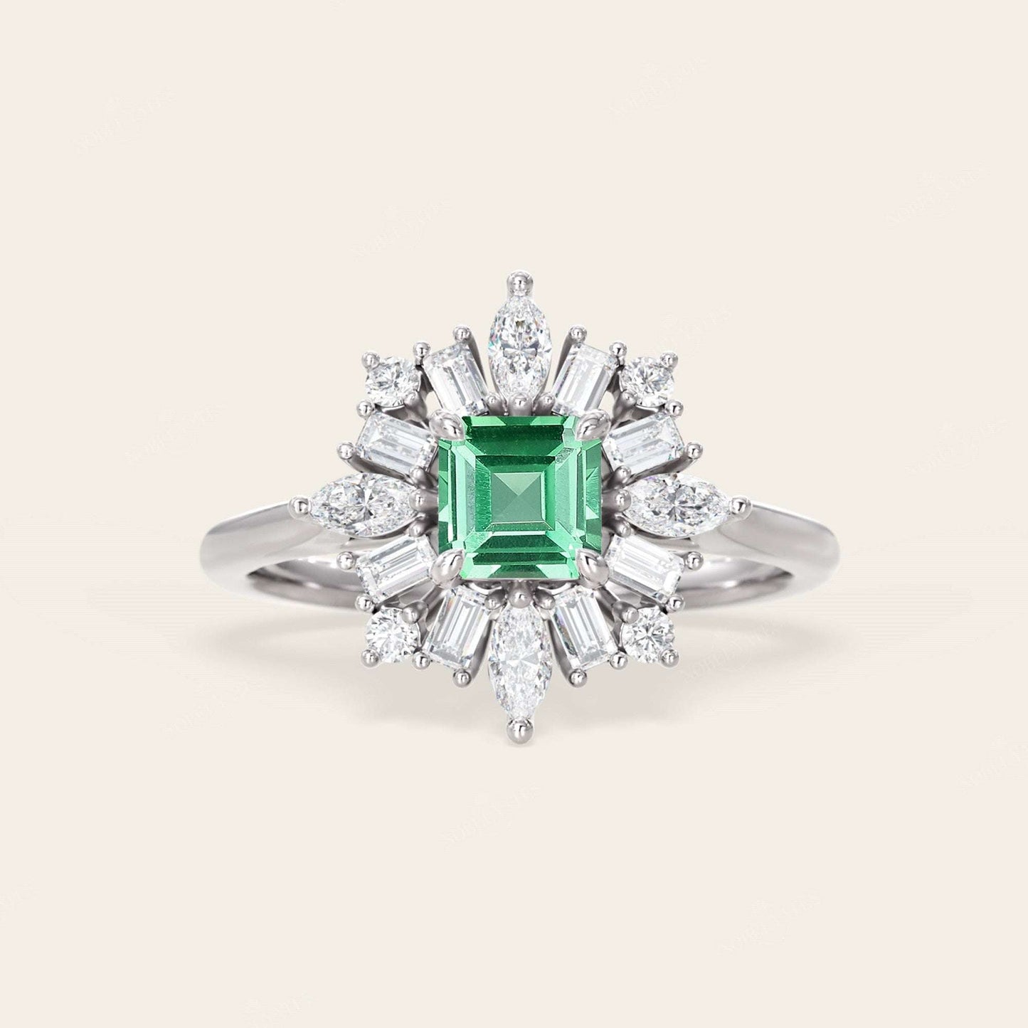 Lab Green Sapphire Asscher Cut Ballerina Art Deco Engagement Ring