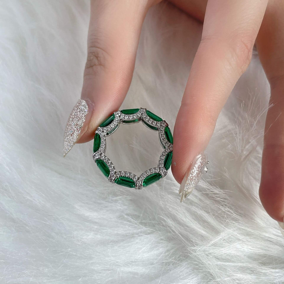 Lab Created Emerald Eternity Sterling Silver Wedding Band Ring