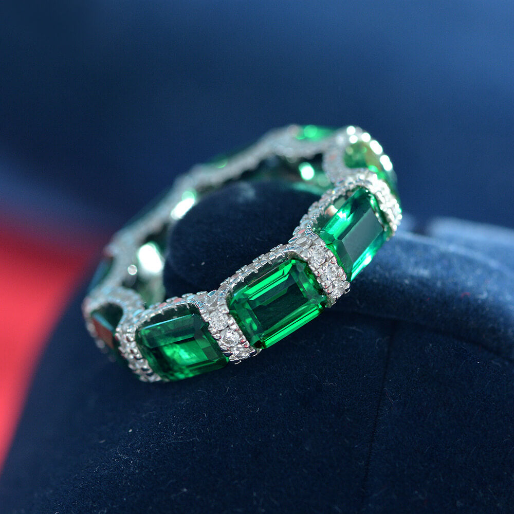 Lab Created Emerald Eternity Sterling Silver Wedding Band Ring