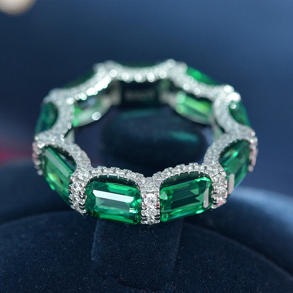 Lab Created Emerald Eternity Sterling Silver Wedding Band Ring