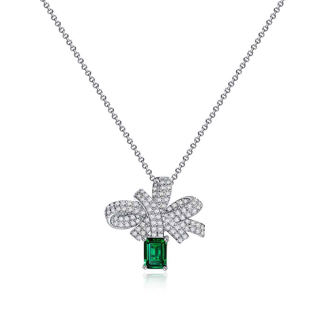 Lab Emerald Bow Sterling Silver Necklace Pendant