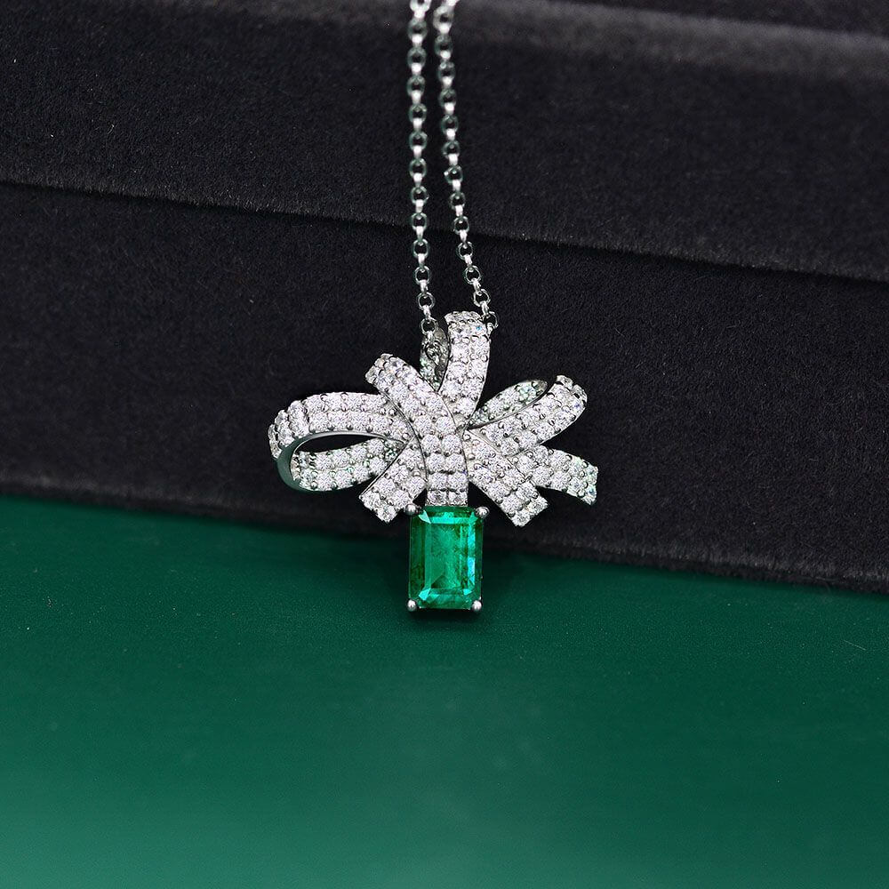 Lab Emerald Bow Sterling Silver Necklace Pendant