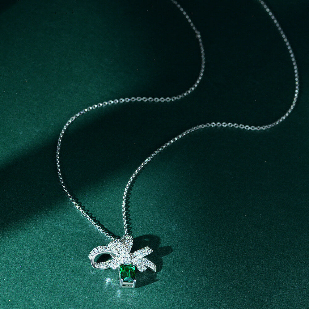 Lab Emerald Bow Sterling Silver Necklace Pendant