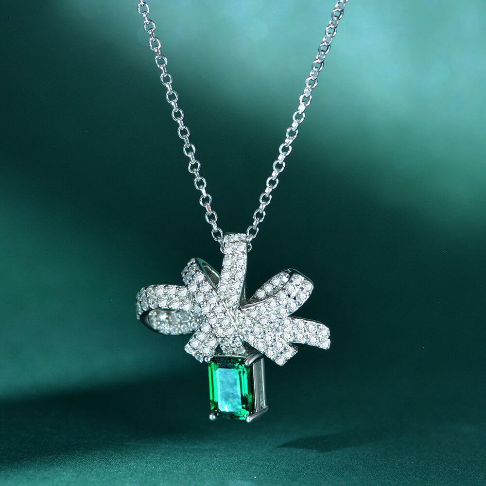 Lab Emerald Bow Sterling Silver Necklace Pendant