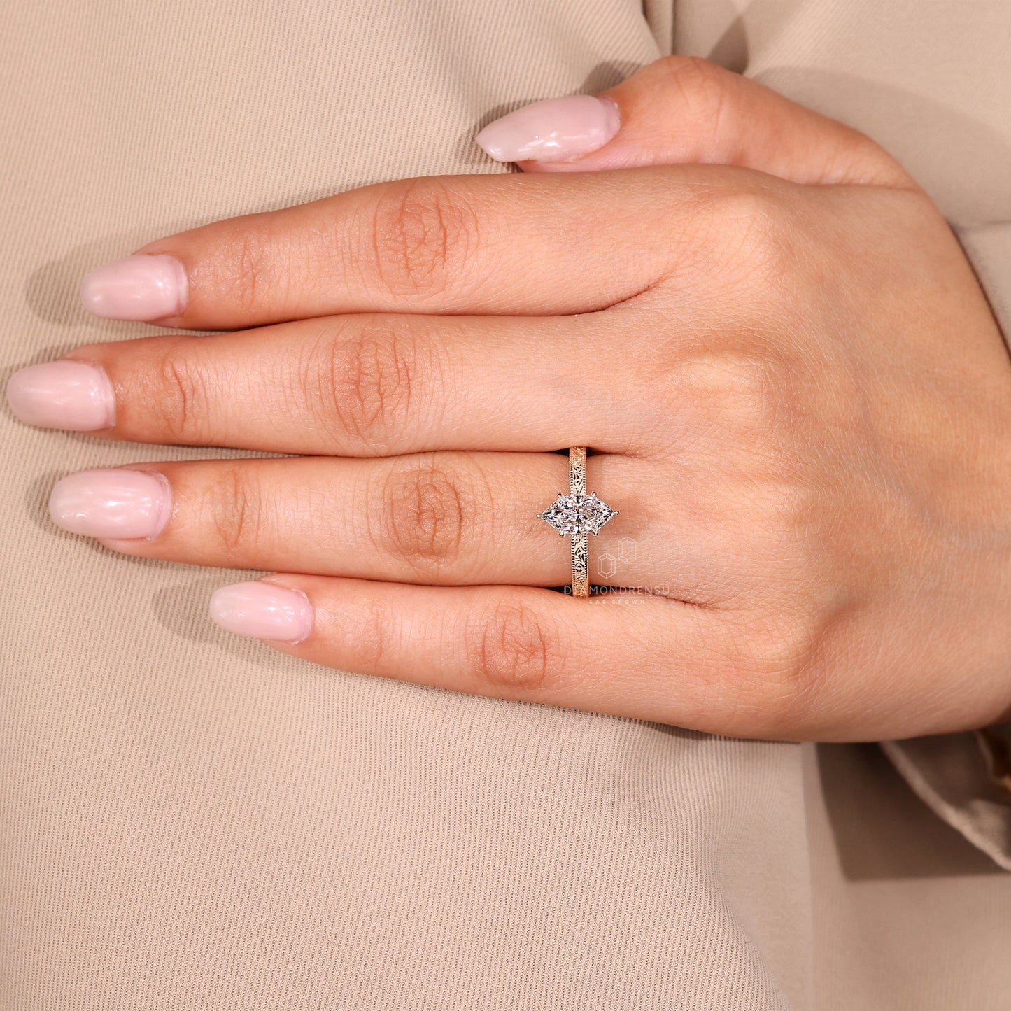 Solitaire Dutch Marquise Ring with Art Deco Ocean Wave Band