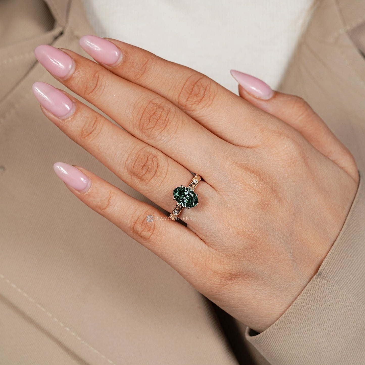 Green Oval Cut Diamond Ring with Marquise Outline Round Side Stones