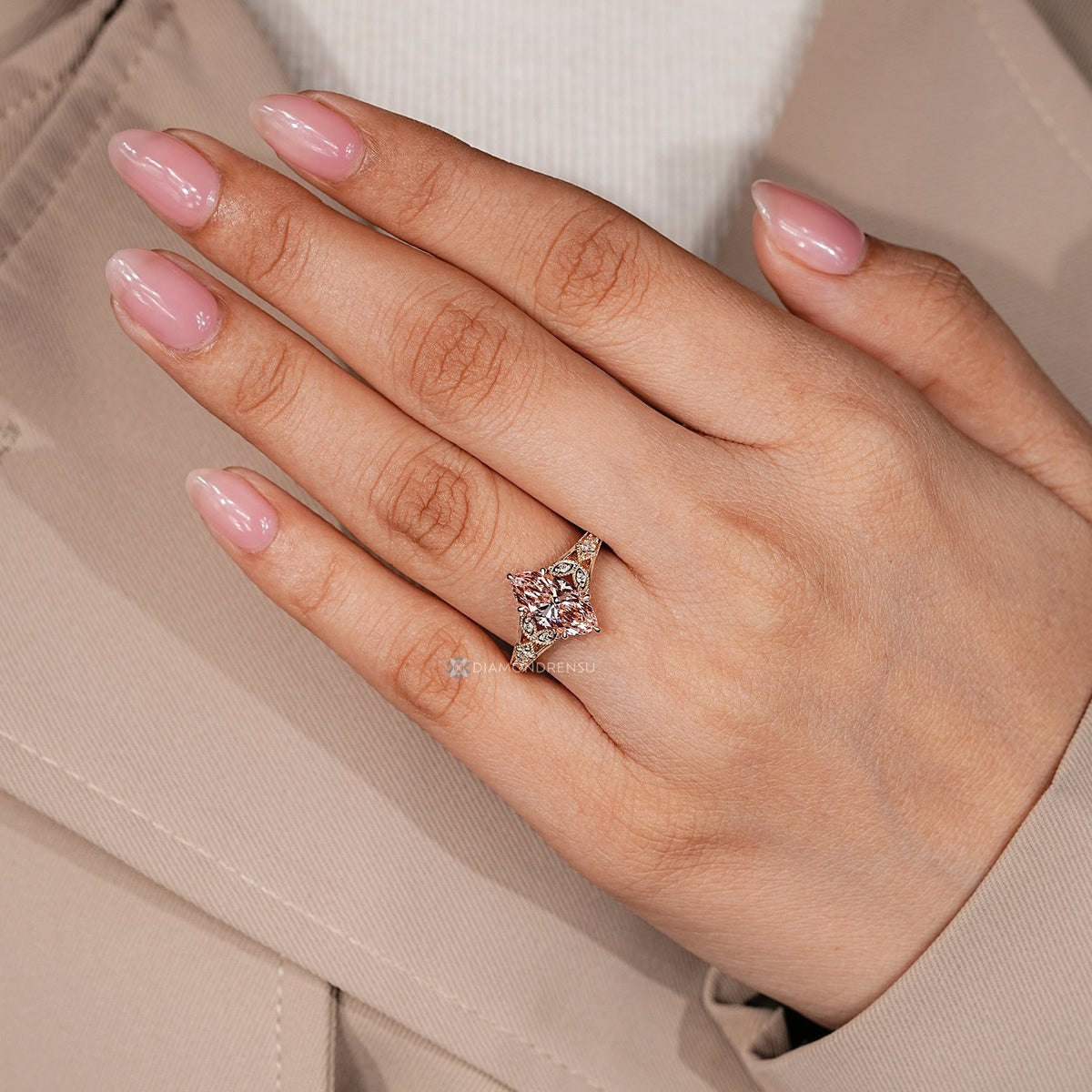 Pink Marquise Art Deco Ring with Round Side Stones and Milgrain Details